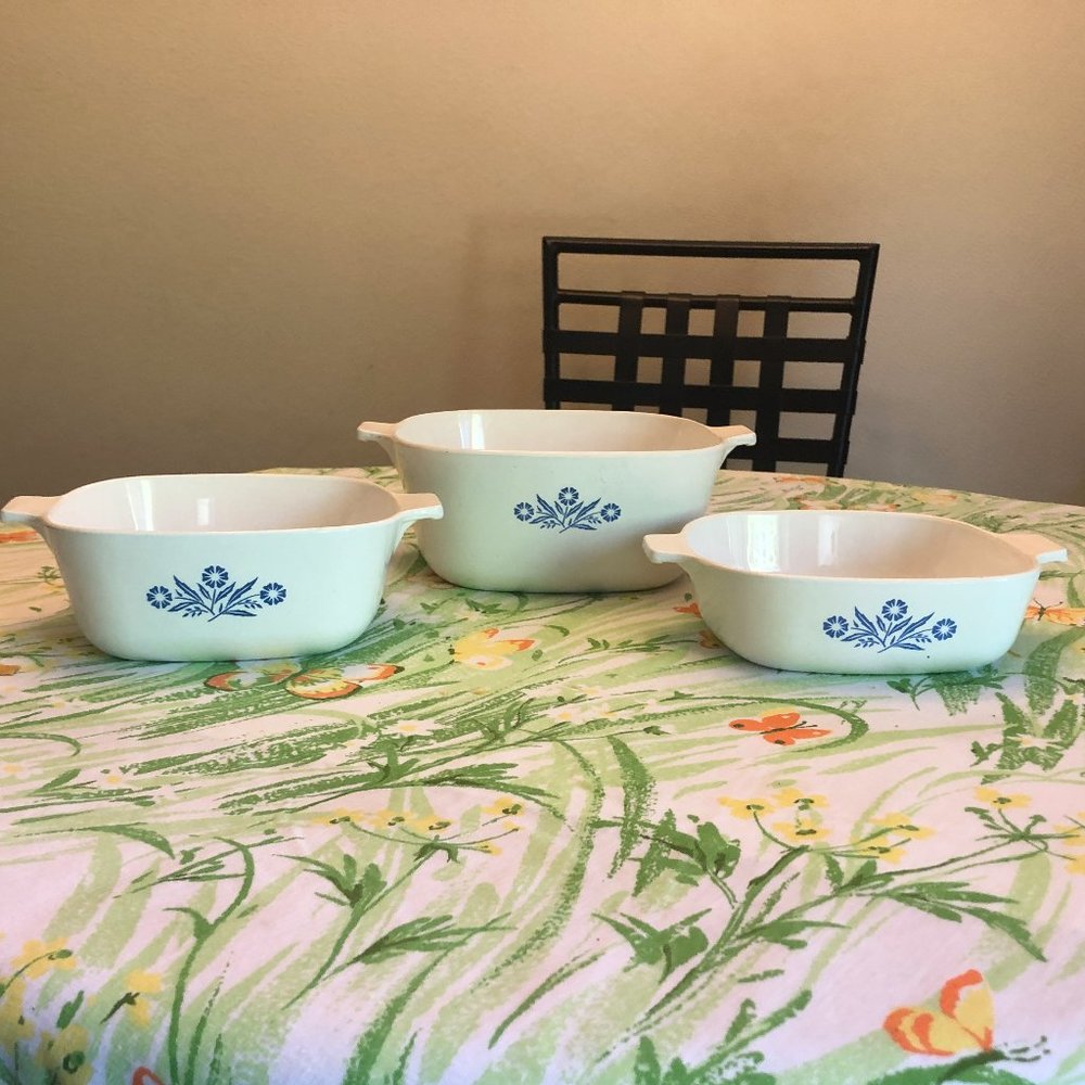 Vintage Corning Ware Blue Cornflower 3 Piece Casserole Set Deal! Made in USA!